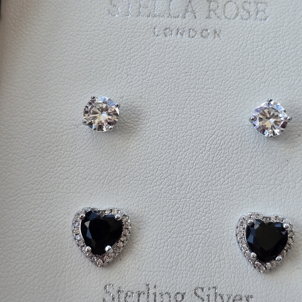 Sterling Silver New Black and Silver Heart Earrings Set